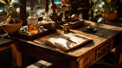 Vintage Wooden Desk with Open Journal and Antique Objects in Warm Sunlight