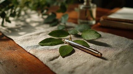 Gold Textured Pen Resting on Linen with Green Leaves and Sunlight