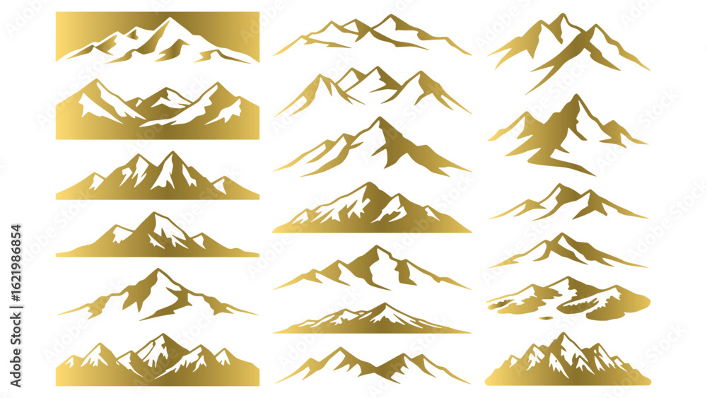 Poster golden mountain range silhouette vector set isolated on transparent background design element
