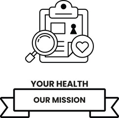 A white and black image of a clipboard with a magnifying glass and a heart