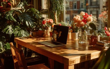 Laptop on Wooden Table Amongst Lush Indoor Plants and Flowers in Sunny Room