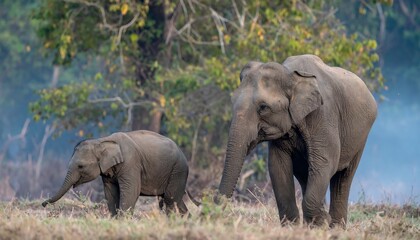 Fototapeta premium A majestic Asian elephant mother gently guides her young calf through a lush, grassy meadow, showcasing a tender maternal bond