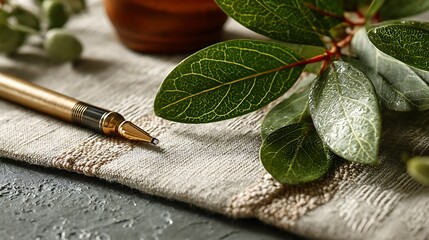 Gold Fountain Pen and Dewy Green Leaves on Linen