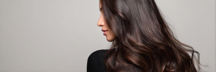 Long Hair Flows Elegantly From a High Point Against a Clean, Neutral Background Highlighting Natural Beauty and Poise
