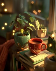 Cozy Autumn Evening at Home Warm Lighting Illuminates a Red Mug of Coffee, a Green Plant, and Stacked Books by a Window