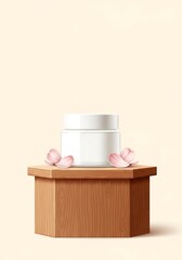 Elegant skincare product presentation on wooden pedestal adorned with floral petals