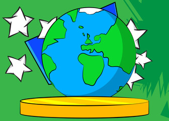 Comic Book Product podium stage for mockup presentation with planet Earth. Retro comics background.