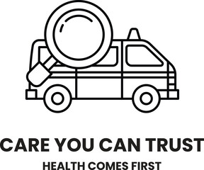 A black and white image of a van with a magnifying glass on it