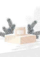 Elegant skincare product presentation with pine branches and soft lighting background