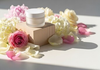 Elegant skincare product presentation with roses and hydrangea blossoms on a wooden display block