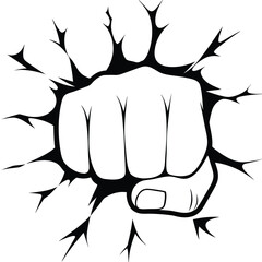 Black fist breaking through a white background with sharp jagged edges hand punch