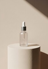 Elegant skincare serum in glass dropper bottle against neutral background with shadow