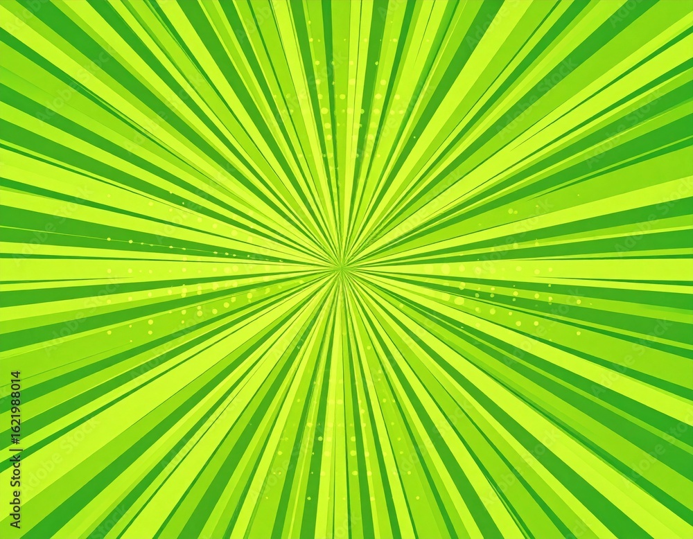 Poster an abstract illustration of bright green rays bursting from a central point, creating a vibrant, sta