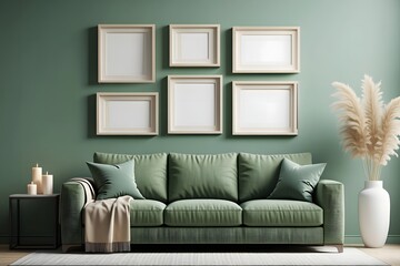 Calm Green Living Room Interior with Picture Frames and Pampas Grass