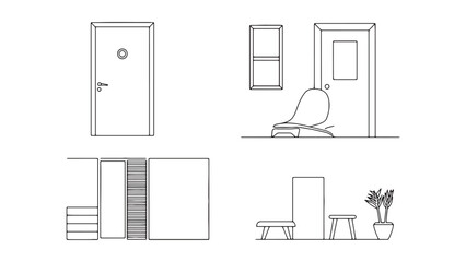 Architectural Interior Design Elements Line Art: Doors, Windows, Furniture, and Plant Outlines