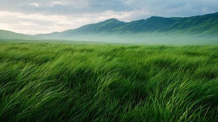 Obraz premium Lush meadow used in eco therapy offers serene landscape with rolling hills and vibrant green grass swaying gently in breeze