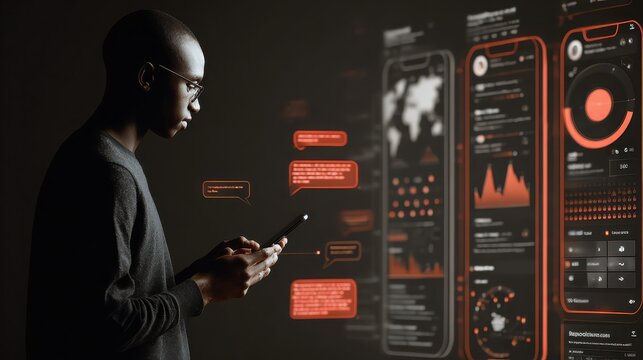 Frican man using smartphone with digital interface, social media concept - Powered by Adobe