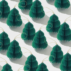 Minimal pattern of green paper Christmas ornaments shaped fie tree on white, style holidays design....