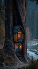 Cozy cabin nestled in giant tree