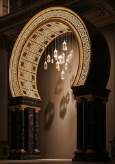 Intricate architectural archway adorned with islamic art and delicate hanging lanterns displaying