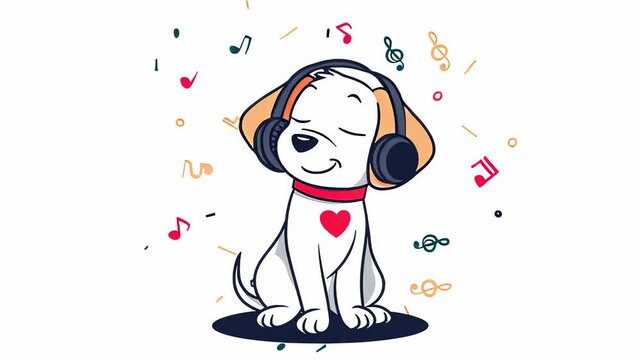 Happy dog listening to music home graphic illustration cheerful playful vibe