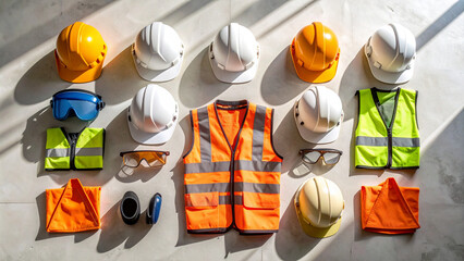 Top view flat lay of essential construction safety equipment, including hard hats and high-visibility vests, arranged neatly.