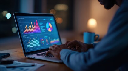 Data Analysis on Laptop with Charts, Graphs, and African American Man