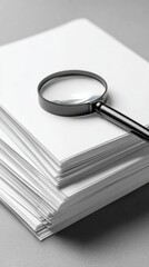 Magnifying Glass on Stack of Blank Papers for Inspection, Analysis, and Research Purposes