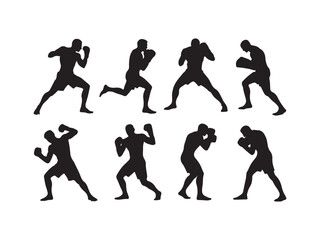 Fototapeta premium Collection of boxer silhouettes in various poses isolated on white background 