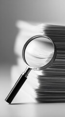 Magnifying Glass Over a Stack of Paper Representing Research, Discovery, and Analysis