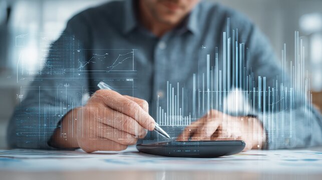 Financial analysis with charts, graphs, and data calculation using calculator