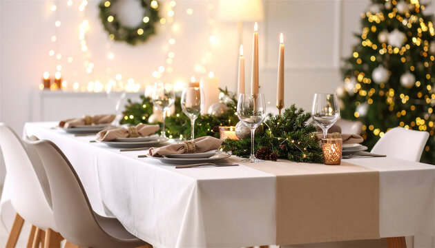 クリスマスの雰囲気あふれるダイニングテーブルのエレガントなコーディネート。白いクロスとベージュのランナーにワイングラスとナプキンが整然と並び、常緑樹のガーランドと松ぼっくり、ゴールドのオーナメントに囲まれたキャンドルが柔らかく灯る。背景には輝くクリスマスツリーとリース、イルミネーションが華やかな祝日とホームパーティーの温かい雰囲気を演出するシーン。