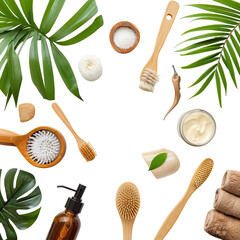 Eco-friendly bath and beauty supplies arranged around a center point, surrounded by tropical leaves