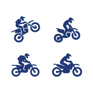 Four dark blue silhouettes of a motorcyclist riding a dirt bike in different positions.