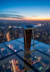 Stunning sunset view over a cityscape from a high-rise glass platform observation deck