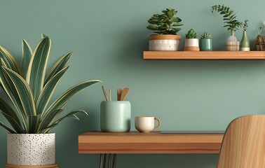 Modern Home Office Decor with Green Plants and Wooden Furniture