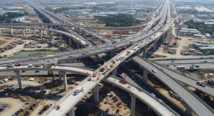 Aerial perspective showcases a complex highway interchange and construction project in a thriving