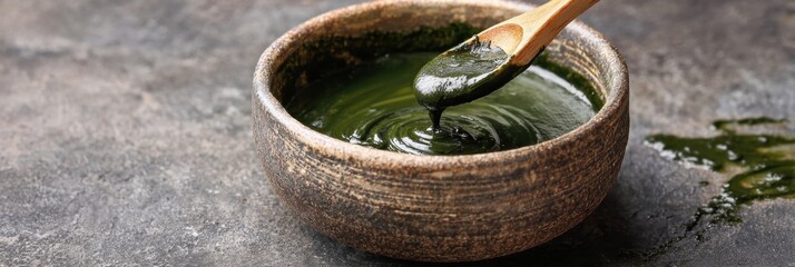 Mixing Green Tea Facial Mask in a Ceramic Bowl With Natural Textures and Clean Side for Skincare Routine Enhancement