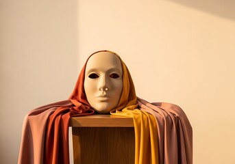 Surreal Composition of a Mask on a Wooden Table with Fabric Draping Over It