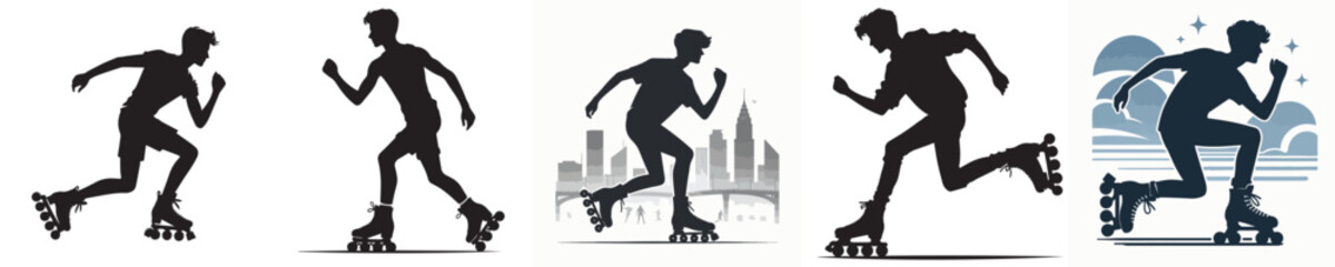 silhouette of young man playing roller skates vector