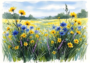 Watercolor painting depicting a serene meadow filled with vibrant wildflowers and lush greenery