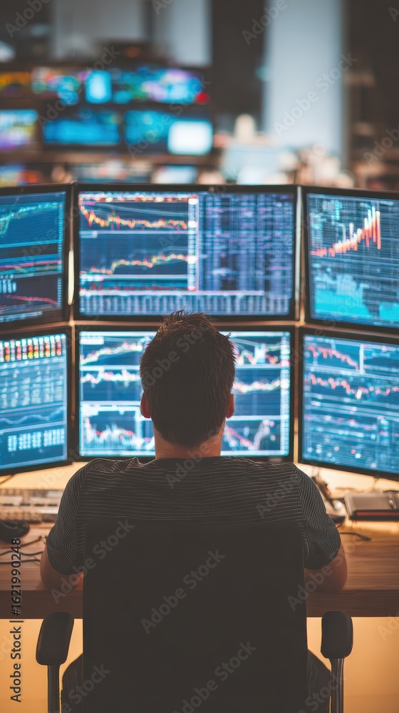 Poster focused trader analyzing market trends on multiple screens in modern office environment