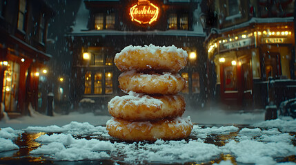 Delicious stacked doughnuts covered in snow