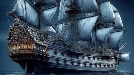 Grand sailing ship, ornate stern, dramatic