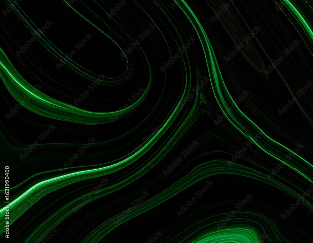Poster abstract flowing green and blue lines in a digital wave pattern, creating a vibrant, luminous energy