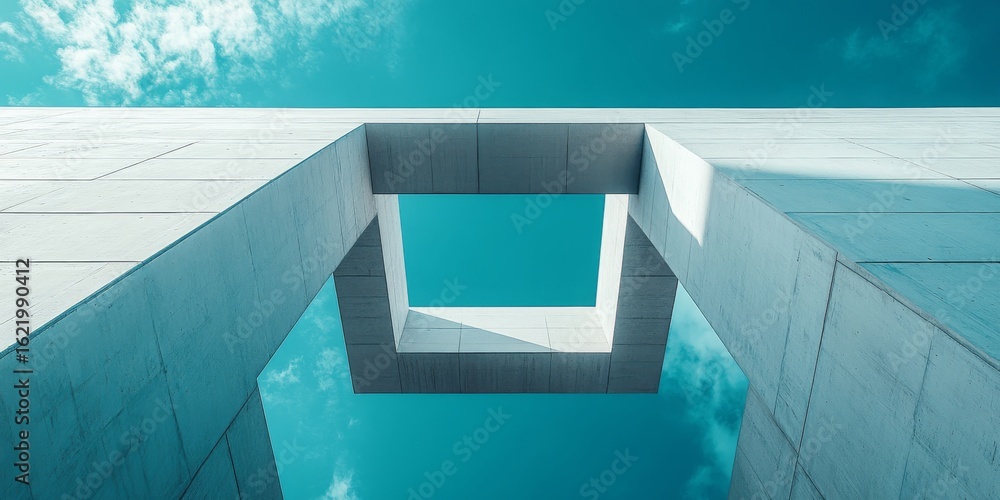 Aufkleber a minimalist architectural photograph of a 3d building's open concrete structure against a blue sky.