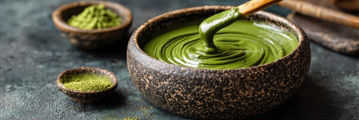 Stirring a Green Tea Facial Mask in a Textured Ceramic Bowl in a Serene Setting