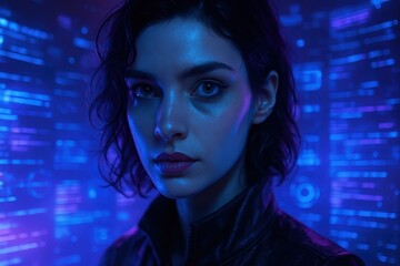 Sci-fi portrait of mysterious woman with holographic interface elements and neon lighting in cyberpunk setting