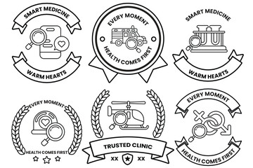 set of health related badges with a magnifying glass in the middle