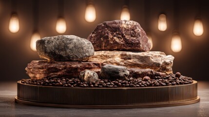Stacked rocks and coffee beans on a wooden platform